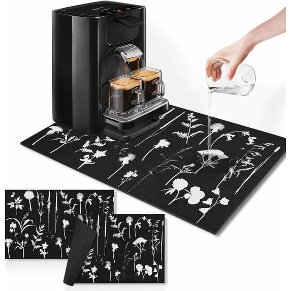 Coffee Mat for Countertops, White Flower Plant Wild Black Dish Drying Mat 2 Pcs for Kitchen Coffee Bar Accessories, Coffee Maker Espresso Machine Rubber Backed 12x19in