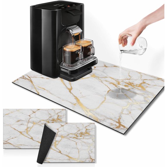 Coffee Mat for Countertops, White Gold Marble Texture Dish Drying Mat 2 Pcs for Kitchen Coffee Bar Accessories, Coffee Maker Espresso Machine Dish Rack Hide Stain Rubber Backed 12x19In