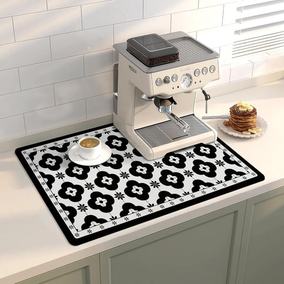 Coffee Mat Dish Drying Mat Hide Stain High Absorbent Bar Mat for Countertops Easy Clean,Fit Under Coffee Maker Machine And Accessories-12"x19",Black Flower