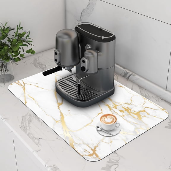 Coffee Mat Dish Drying Mat for Kitchen Counter Marble Coffee Maker Mats Hide Stain Absorbent Rubber Backed Coffee Bar Mats for Countertops Coffee Bar Accessories 24"x16",White Gold