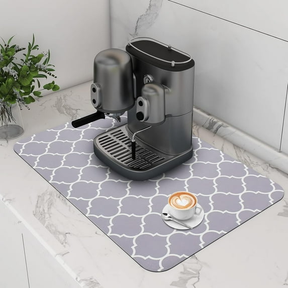 Coffee Mat Dish Drying Mats for Kitchen Counter 24"X16" Absorbent Hide Stain Anti-Slip Coffee Bar Accessories Under Dish Rack Thick Rubber-backed Pad Grey Moroccan Trellis