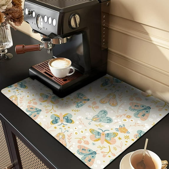 Coffee Mat - Fits Most Drip Coffee Makers and Small Appliances, Ideal for Coffee Bar Accessories,Dish Drying Mat, and drying mat for kitchen counter (Colorful flower butterfly, 21"x13")