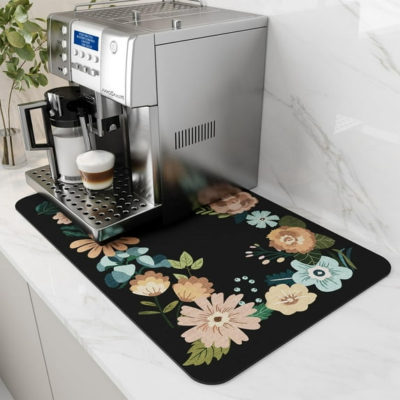 Coffee Mat Hide Stain Rubber Backed Absorbent Dish Drying Mat for Kitchen Counter-Coffee Bar Accessories Fit Under Coffee Maker Coffee Machine Espresso Machine Dish Rack Floral BLACK 12X19