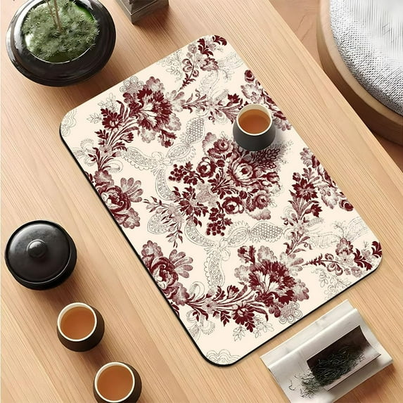 Coffee Mat Hide Stain Rubber Backed Absorbent Elegant Floral Print Dish Drying Mats for Kitchen Counter, Non-Slip Diatomaceous Drying Mat (16x18in,Burgundy Pattern)