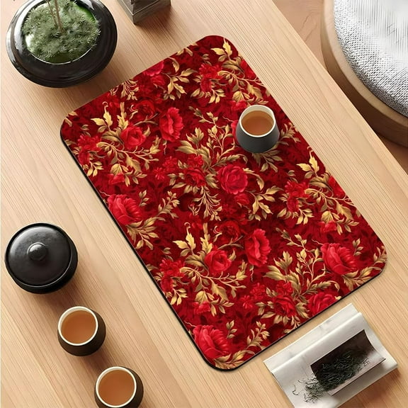 Coffee Mat Hide Stain Rubber Backed Absorbent Elegant Floral Print Dish Drying Mats for Kitchen Counter, Non-Slip Diatomaceous Drying Mat (16x18in,Red Flower 3)