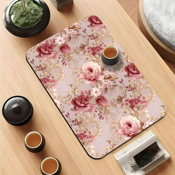 Coffee Mat Hide Stain Rubber Backed Absorbent Elegant Floral Print Dish Drying Mats for Kitchen Counter, Non-Slip Diatomaceous Drying Mat (19.5x12in,Peony Flower 3)
