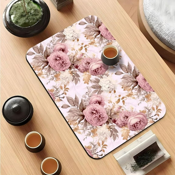 Coffee Mat Hide Stain Rubber Backed Absorbent Elegant Floral Print Dish Drying Mats for Kitchen Counter, Non-Slip Diatomaceous Drying Mat (23.5x15.5in,Chinese Rose)