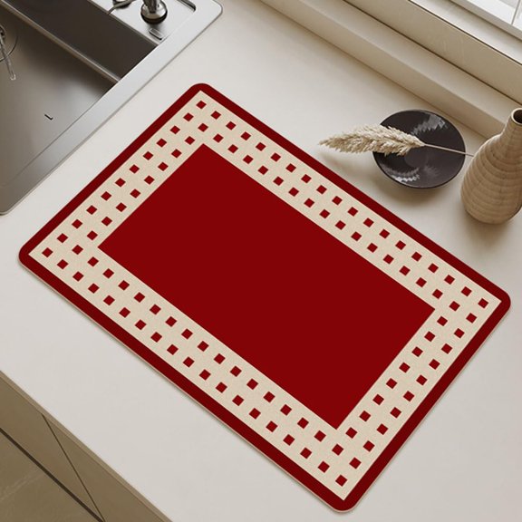 Coffee Mat Hide Stain Rubber Backed Absorbent Red Dish Drying Mats for Kitchen Counter, Diatomaceous Non-Slip Drying Mat (Small Red Square,15.8x19.7")