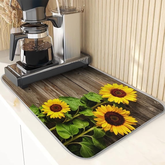 Coffee Mat Sunflower Wood Print Coffee Bar Accessories for Coffee Maker Coffee Machine Coffee Pot Espresso Machine Dish Rack Absorbent Dish Drying Mat Dishes Drainer Pad 16 x 18 Inch