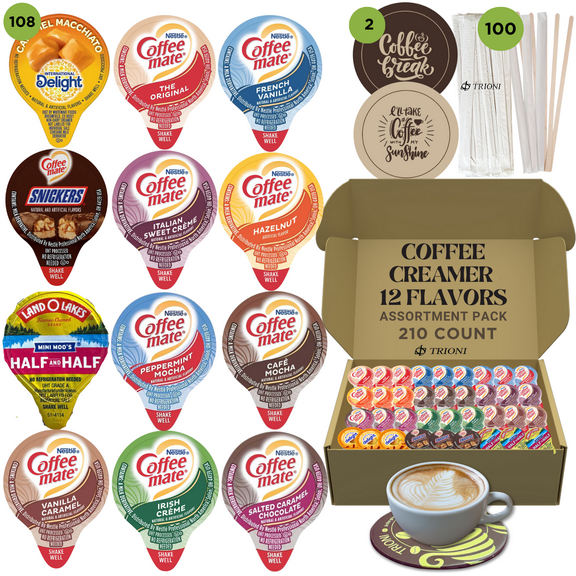 Coffee Mate Coffee Creamer Singles Assorted Flavored Pods Coasters & Stirrers 210 Count
