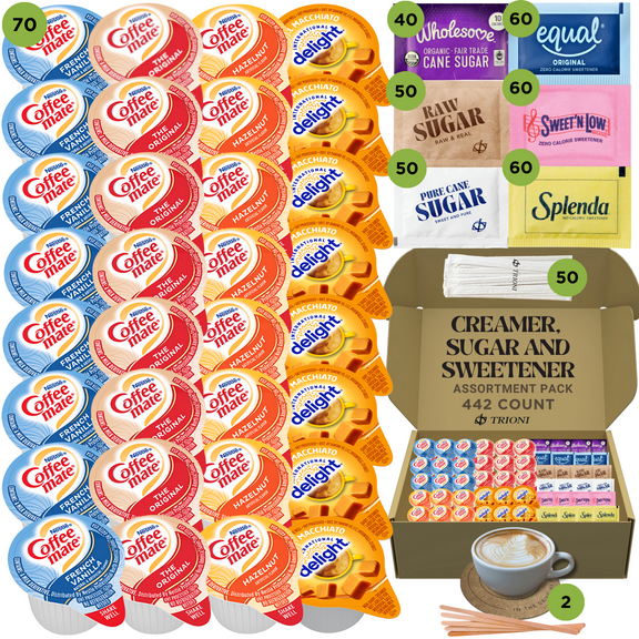 Coffee Mate Coffee Creamer Singles with Sweetener Packets and Sugar Packets Assortment - 442ct of Caramel Macchiato and 3 More Flavored Creamer Pods