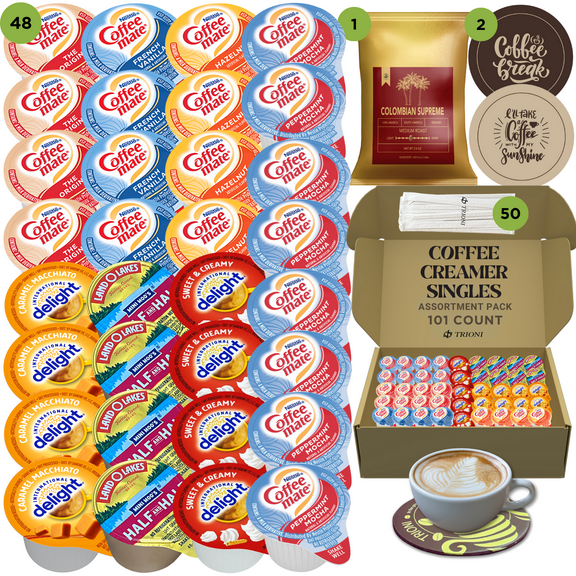 Coffee Mate Coffee Creamer Singles with Colombian Supreme Ground Coffee - 101ct of Peppermint, Sweet and 5 more Flavored Pods with 1x2.5 oz TRIONI Medium Roast Coffee Packets