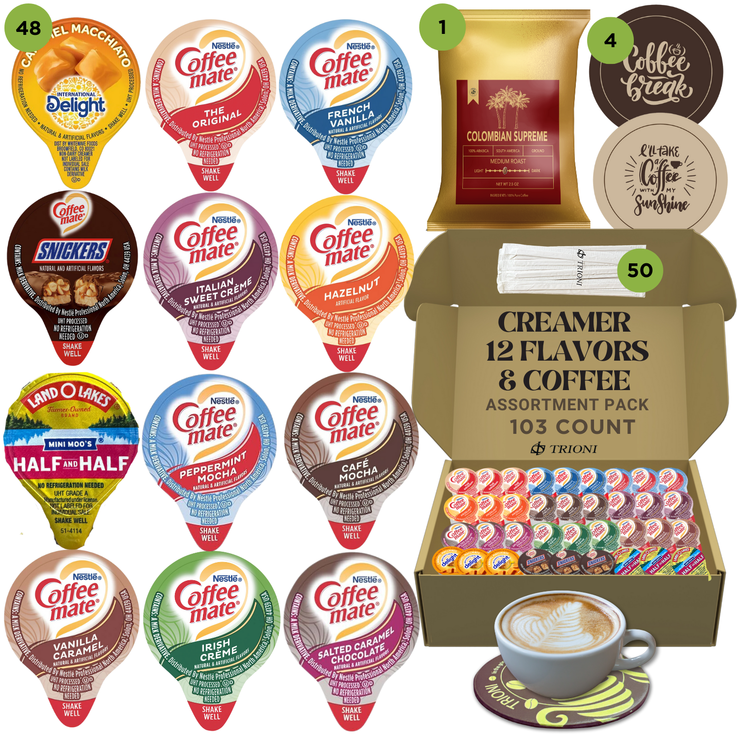 Coffee Mate Creamer Singles Variety Pack with Medium Roast Colombian