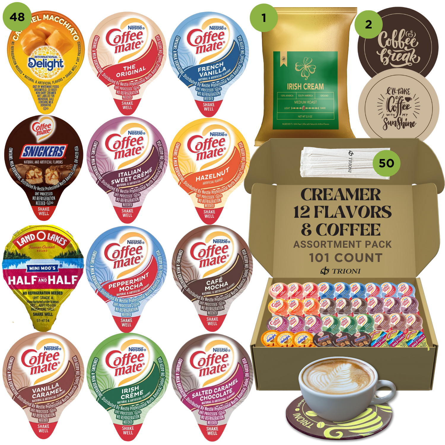 Coffee Mate Coffee Creamer Singles, Irish Cream Coffee Packets, Coasters & Stirrers - 101 total count