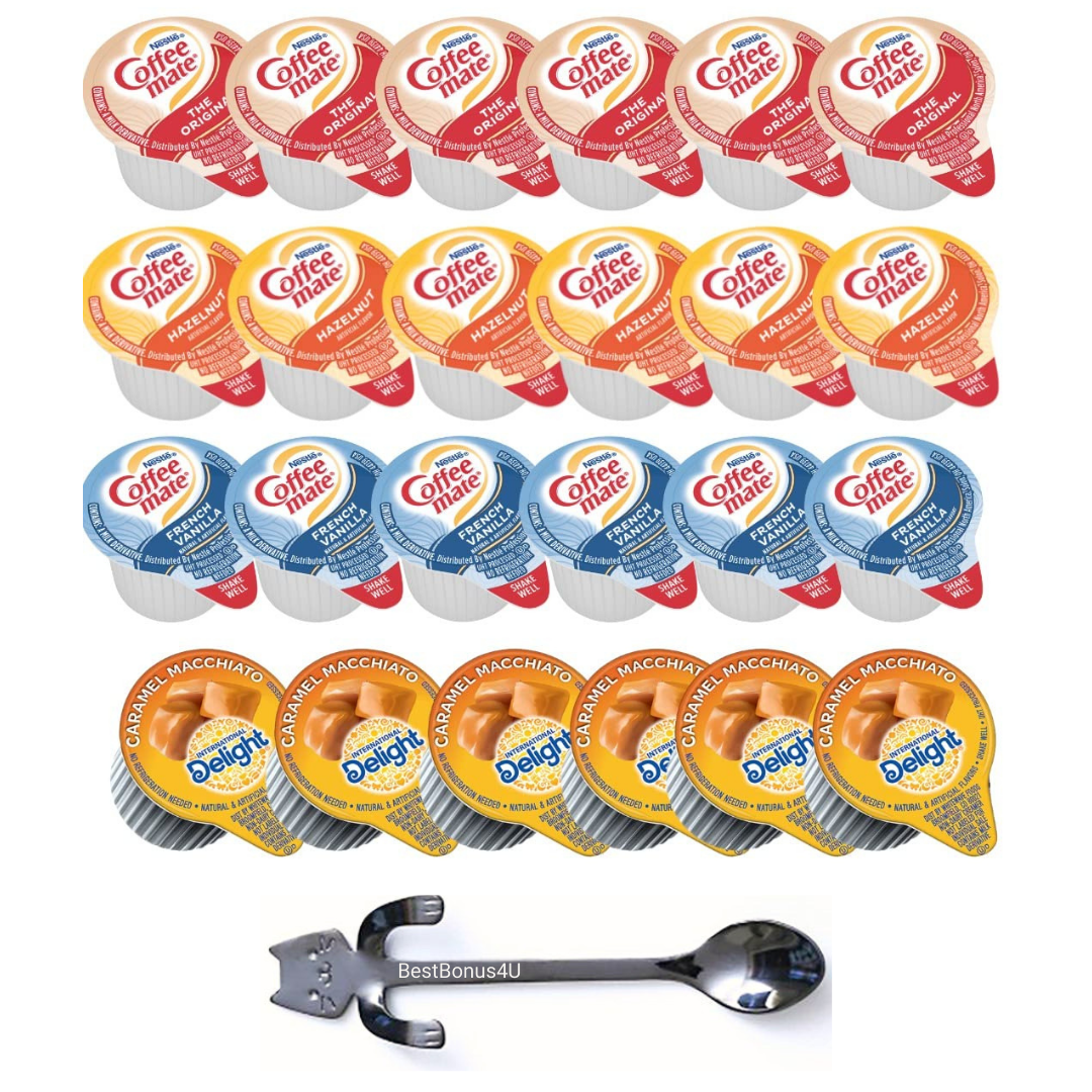 Coffee Mate and Delight Liquid Creamer Singles Variety Pack, 48 ct, 4 Flavors x 12 Each, Original, French Vanilla, Hazelnut, Caramel Macchiato + BestBonus4U Coffee Stirrer Spoon