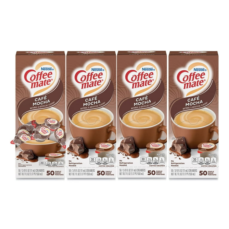 Liquid Coffee Creamer, Cafe Mocha, 0.38 oz Mini Cups, 50/Box, 4 Boxes/Carton, 200 Total/Carton Liquid Coffee Creamer, Cafe Mocha, 0.38 oz Mini Cups, 50/Box, 4 Boxes/Carton, 200 Total/Carton
