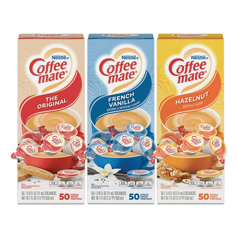 Liquid Coffee Creamer, French Vanilla/Hazelnut/Original, 0.38 oz Mini Cups, 150 Cups/Carton Liquid Coffee Creamer, French Vanilla/Hazelnut/Original, 0.38 oz Mini Cups, 150 Cups/Carton