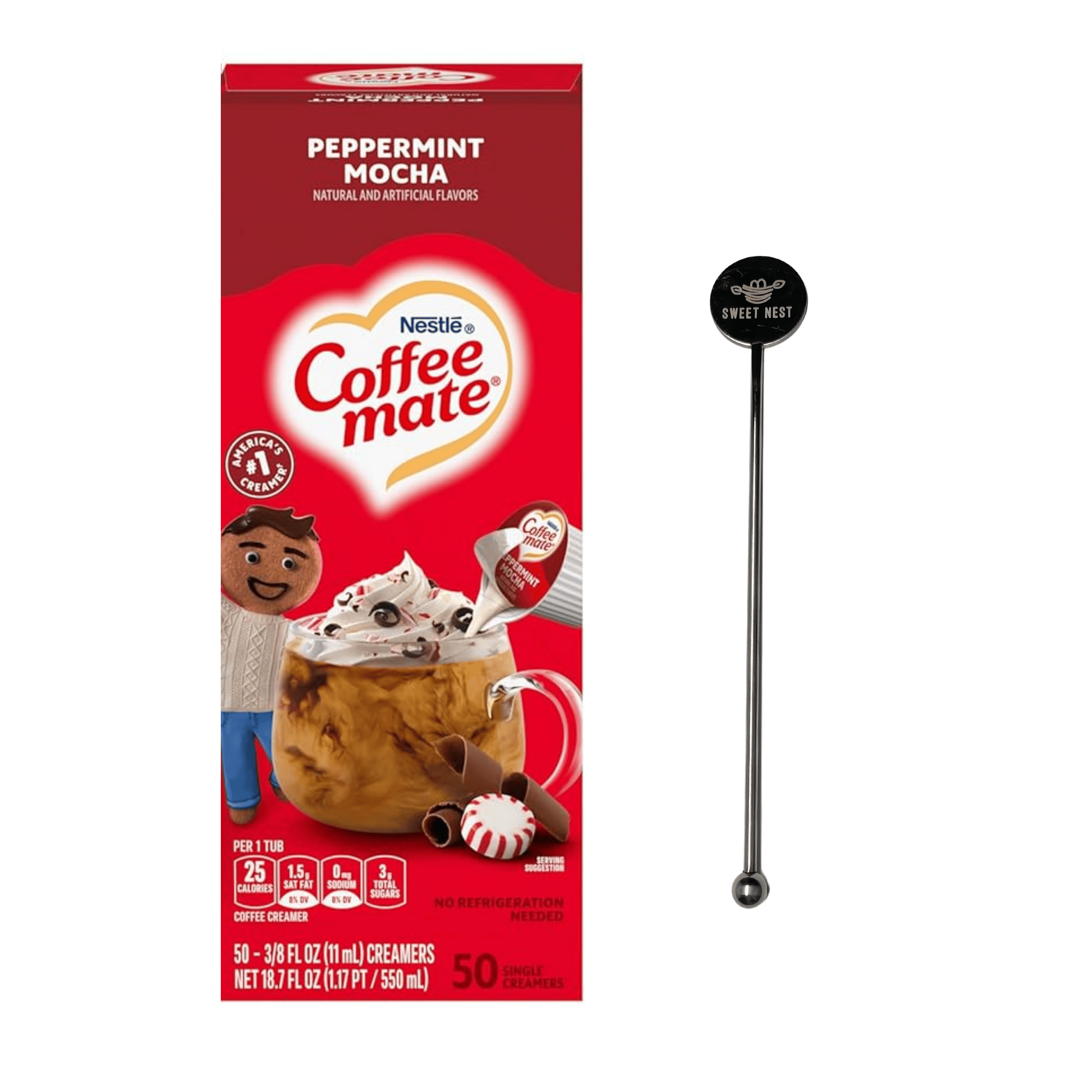 Coffee Mate Peppermint Mocha Liquid Coffee Creamer Singles, 50 Ct with Sweet Nest Stir