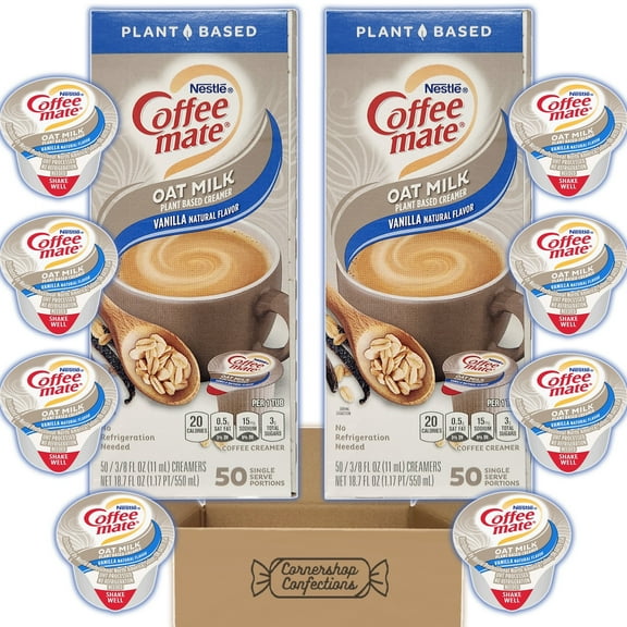 Coffee Mate Plant Based Oat Milk Vanilla Flavor Cups Bulk Pack - 100 Single Serve Vanilla Oat Milk Plant Based Coffee Creamer Cups In Dispenser Boxes - In Cornershop Confections Pack