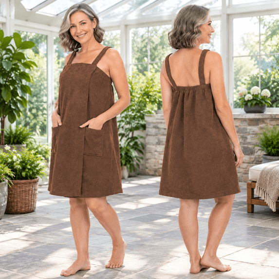 Coffee Medium Unisex Adjustable Bath Wrap Towel with Pocket and Facial ...