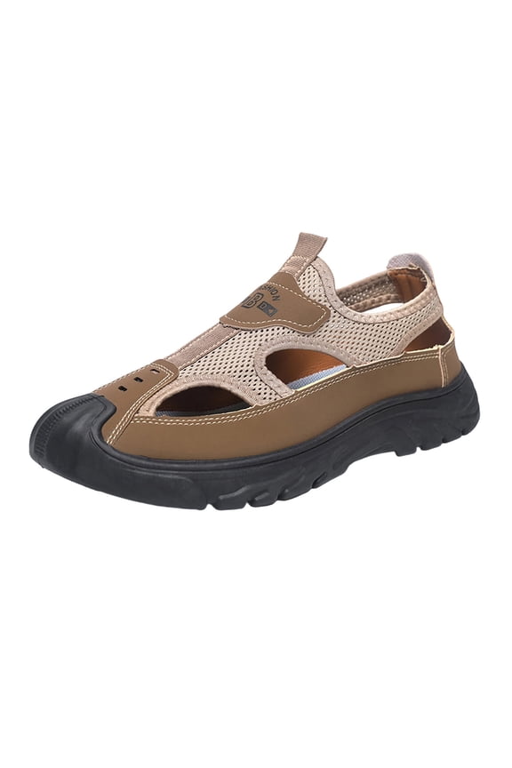 Coffee Men Casual Sandals Hollow Mesh Breathable Soft Sole Soft Leather Toe Slip-On Mesh Upper Spring Summer Outdoor