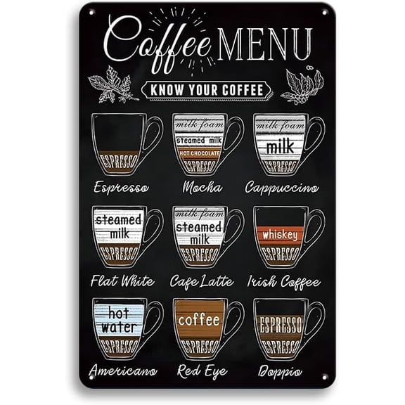 Coffee Menu Cafe Sign Know Your Coffee Latte Espresso Metal Tin Sign,Vintage Plaque Poster for Kitchen Home Cafe Wall Decor 12x8 Inches