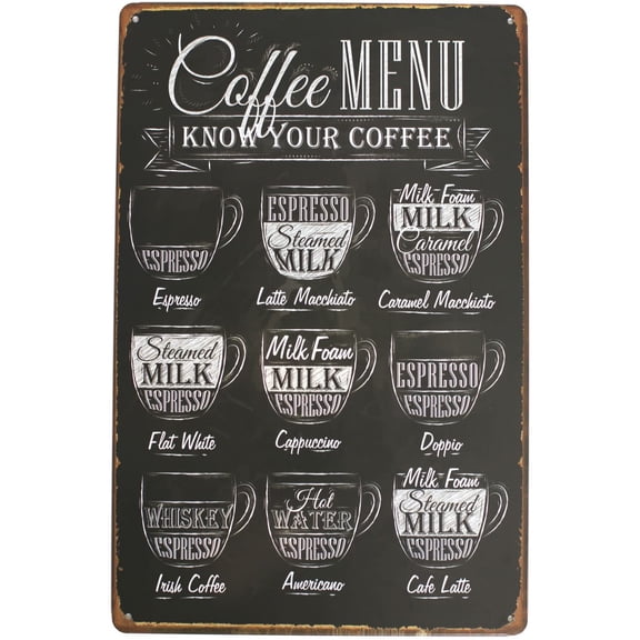 Coffee Menu Know Your Coffee Latte Espresso Metal Tin Sign, Vintage Antique Plaque Poster Kitchen Home Cafe Wall Decor