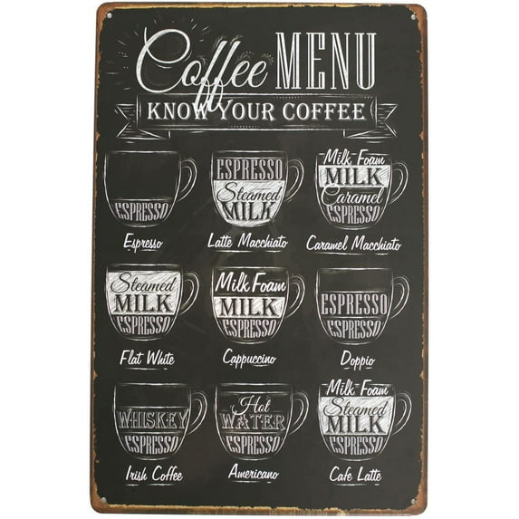 Coffee Menu Know Your Coffee Latte Espresso Metal Tin Sign, Vintage Antique Plaque Poster Kitchen Home Cafe Wall Decor