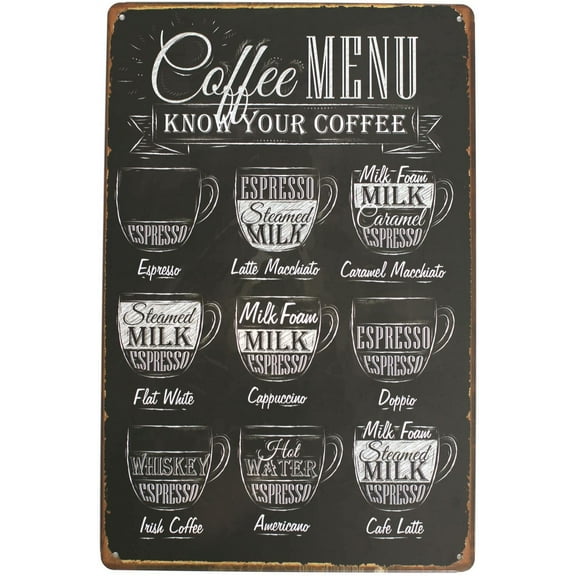 Coffee Menu Know Your Coffee Latte Espresso Metal Tin Sign, Vintage Antique Plaque Poster Kitchen Home Cafe Wall Decor