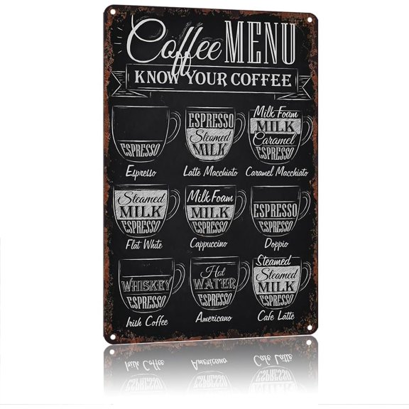 Coffee Menu Metal Sign Aluminum 8X12Inch For Wall Decoration In Bathroom, Bedroom, Living Room, Outdoor And Anywhere