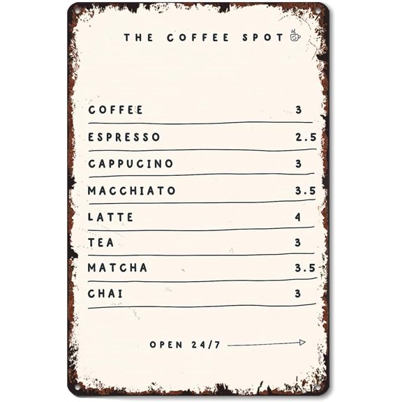Coffee Menu Poster 8x12 Inch Vintage Aluminum Metal Tin Signs-For Living Room Kitchen Patio Porch Backyard Home Decor Wall Decor