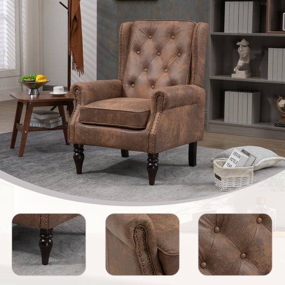 Coffee Microsuede Wingback Accent Chair, Vintage Tufted Lounge Armchair for Indoor Home Use