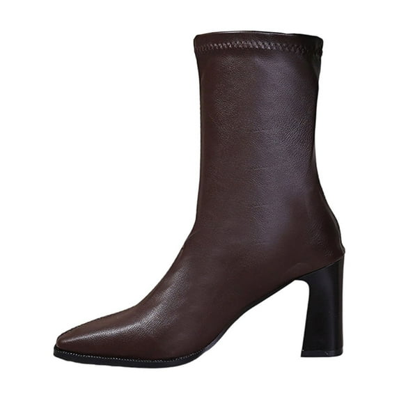 Coffee Mid Calf Boots For Women Square Toe Chunky Low Heel Short Straight-Leg Boots Solid Color Comfortable Casual Shoes Winter Everyday Wear Size 37