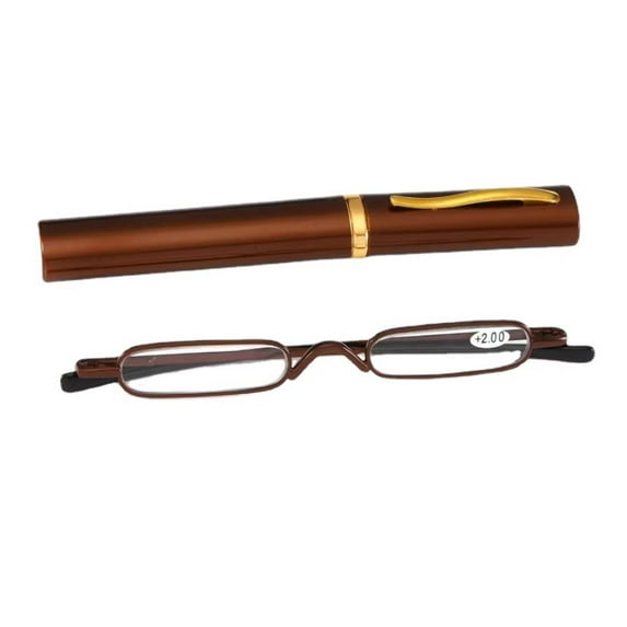 Coffee Mini Small Pen Case Holder Reading Glasses +1.00 Portable HD Ultralight Small Rectangle Readers Spring Hinge Metal Presbyopia Glasses with Case