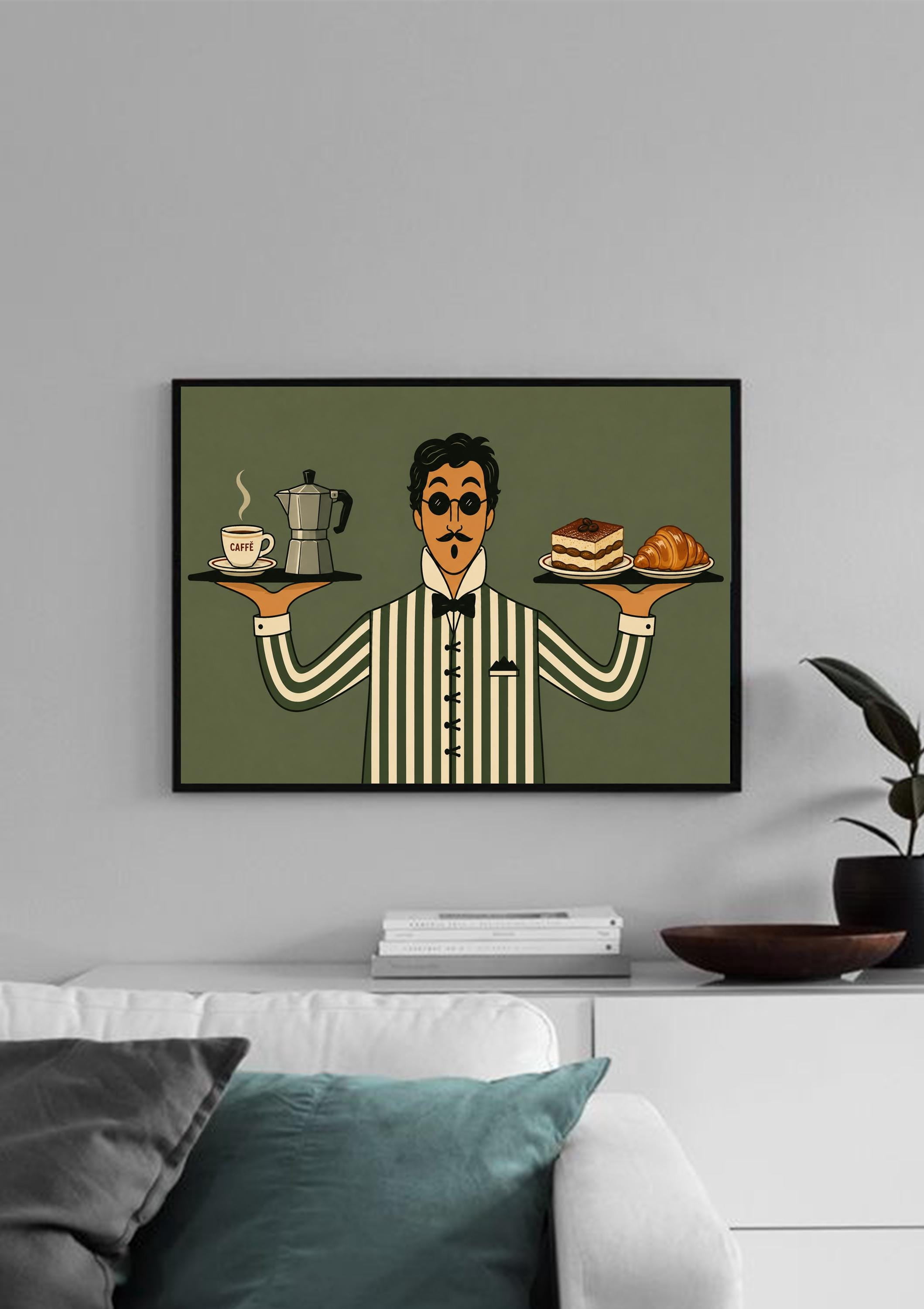 Coffee Minimalist Cafe Waiter Retro Italian Cafe Poster , Poster Print ...