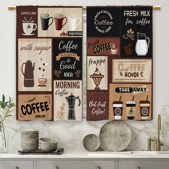 Coffee Modern Kitchen Curtains Brown Vintage Rustic Small Short Cafe Window Curtains Farmhouse Country Latte Cappuccino Beans Bathroom Drapes Treatment Tier Curtains 2 Panels (27.5x39 Inch)