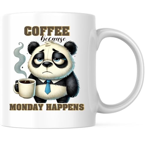 Coffee Because Monday Happens Coffee Mug - Funny Panda Bear Coffee Mug - 11 Ounce Ceramic Mug - Premium Ceramic - Design Printed On Both Sides - BMCM02768
