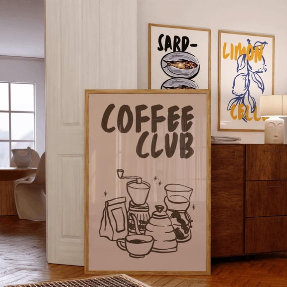 Coffee Morning Club, Hand Drawn Kitchen, Coffe Brown Print, Coffee Girly Illustration, Preppy Wall Print, Brown Quotes Home Decor #162, Stretched Canvas Size 8x12