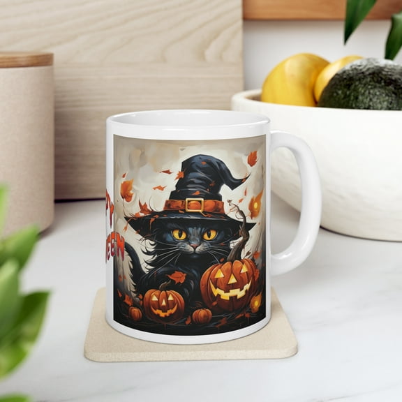Coffee Mug 11oz, Happy Halloween Cat Lover Mug, Magician Black Cat Tea Cup