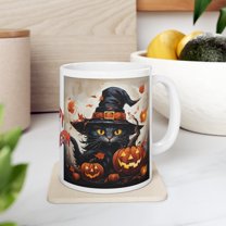 Coffee Mug 11oz, Happy Halloween Cat Lover Mug, Magician Black Cat Tea Cup