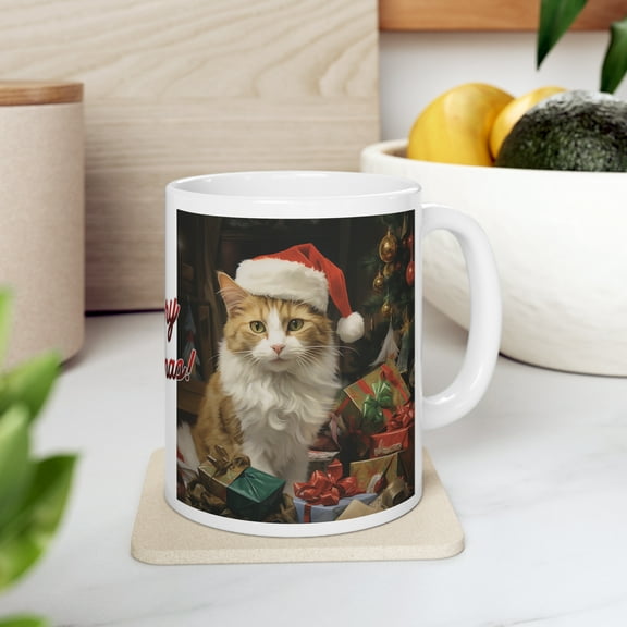 Coffee Mug 11oz, Santa Hat Cat Lover Mug, Merry Christmas Xmas Cat Tea Cup