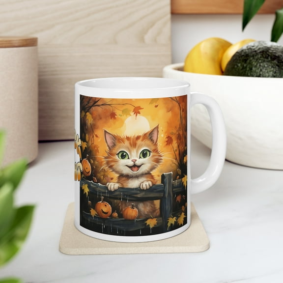 Coffee Mug 11oz, Trick or Treat Cat Lover Mug, Halloween Witch Cat Tea Cup