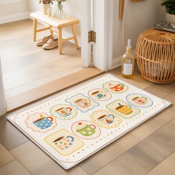 Coffee Mug 2'x3' Small Rugs for Entryway Front Door Kitchen Sink Area, Afternoon Tea Cup Flower Stem Flower Pattern Beige Soft Sturdy Mats Washable Non Slip Rectangle Area Rug