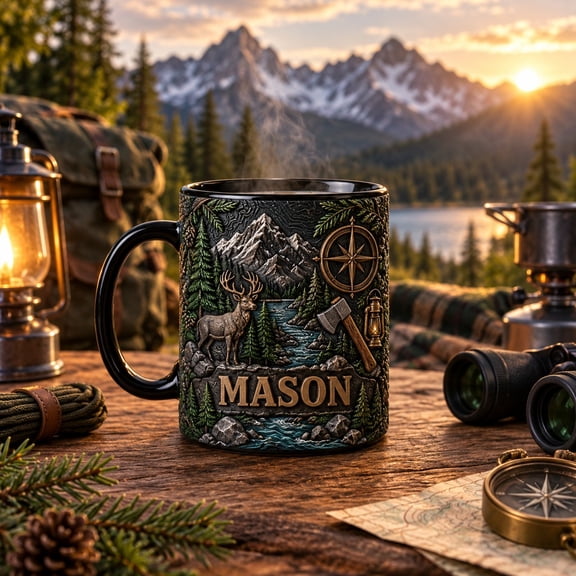 Coffee Mug 3D Effect Mountain Pine Tree Deer Design for Camping Dad Gift