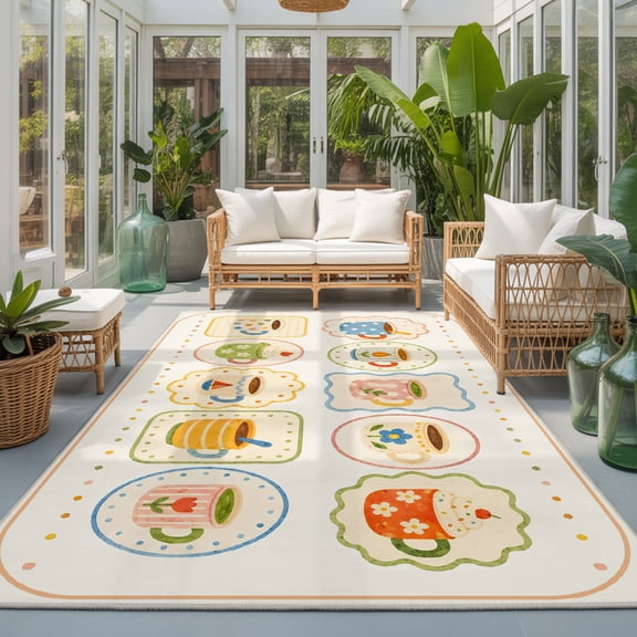 Coffee Mug 8'x10' Washable Area Rugs for Living Room Office, Afternoon Tea Cup Flower Stem Flower Pattern Beige Stain Proof Sturdy Non Slip Large Rectangle Lounge Area Rug
