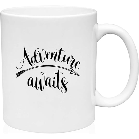 Coffee Mug Adventure Awaits Curved Arrow Reusable Travel Cursive Font White Coffee Mug Funny Gift Cup