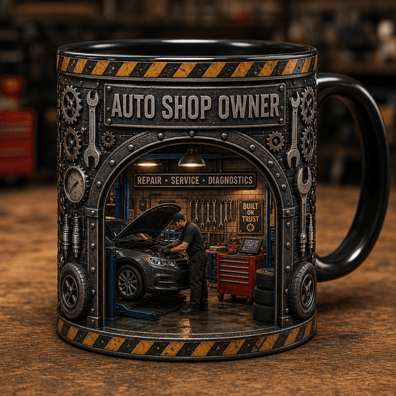 Coffee Mug Auto Shop Owner Garage Scene Workshop Drinkware for Mechanics