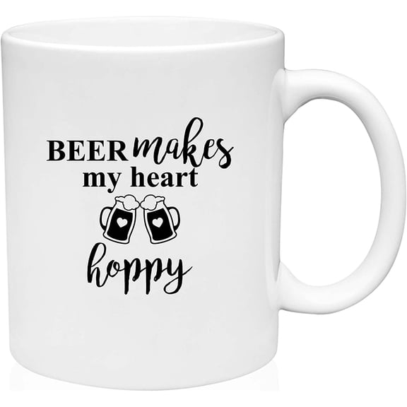 Coffee Mug Beer Makes My Heart Hoppy Happy Funny Drinking Pun Alcohol White Coffee Mug Funny Gift Cup
