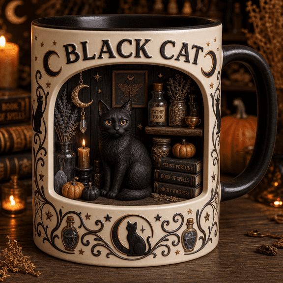 Coffee Mug Black Cat Apothecary Ceramic Drinkware for Halloween Coffee Lovers