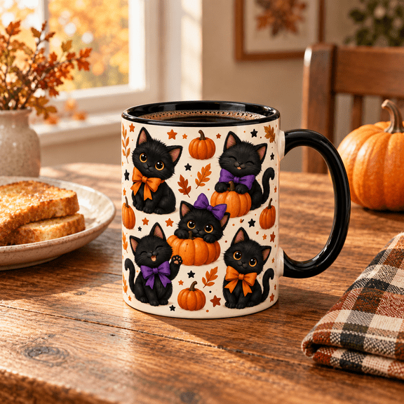 Coffee Mug Black Cat Bow and Pumpkin Pattern for Fall Drinks, Halloween Gift for Feline Fans